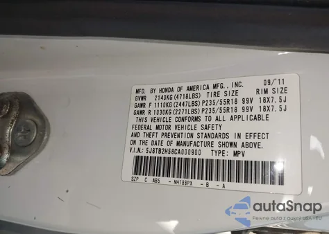 2012 Acura Rdx z USA, uszkodzony, nr VIN 5J8TB2H58CA000900
